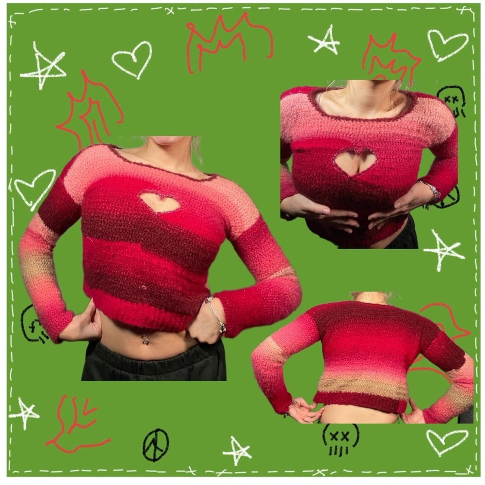handmade pink knit sweater with heart cutout